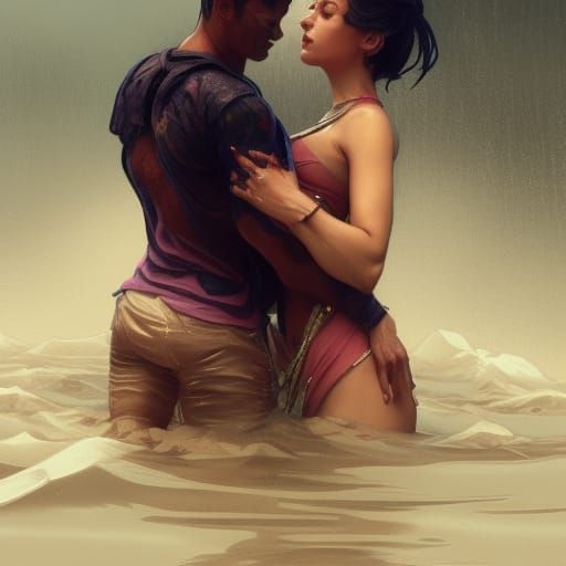 Couple in Flood Water: Hyperdetailed Splash Art Portrait