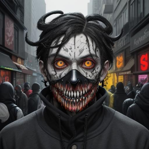 Grotesque Figure in Dystopian Street Scene as Impasto Painti...