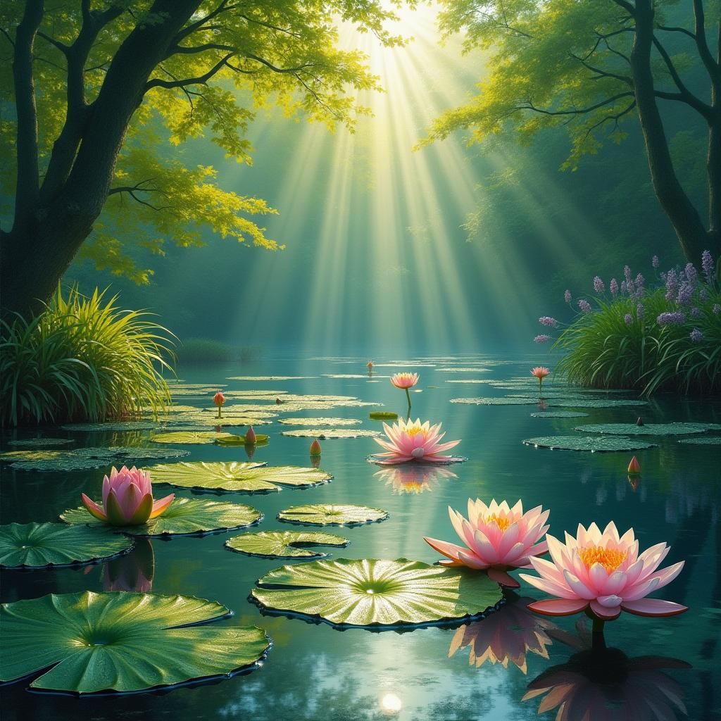 Dawn Serenity: Water Lilies in Impressionist Style
