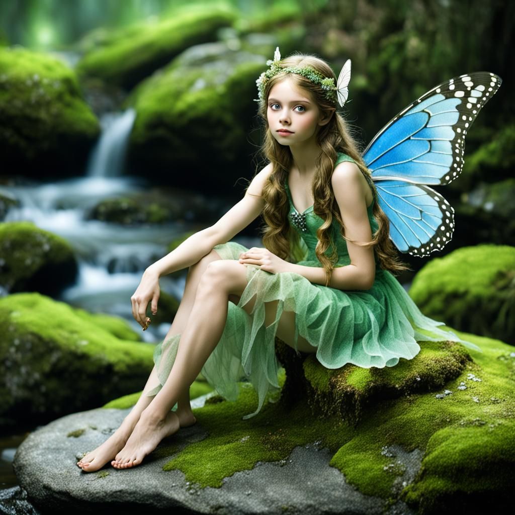 Enchanting Fairy with Butterfly Wings on Mossy Rock