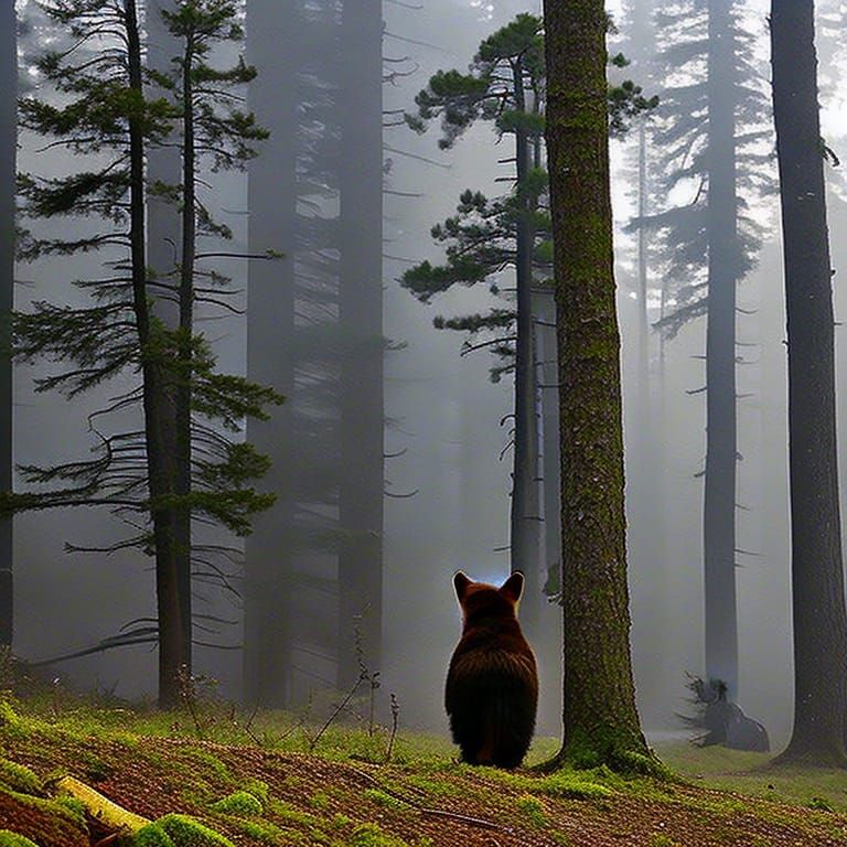 Bear Hunting in Misty Morning Forest