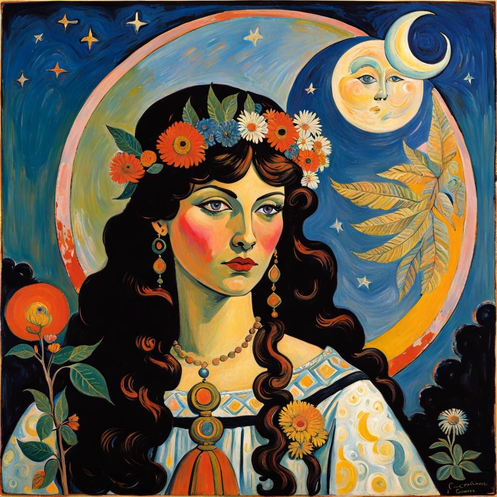 Psychedelic Moon Goddess in Bohemian Art Brut Style