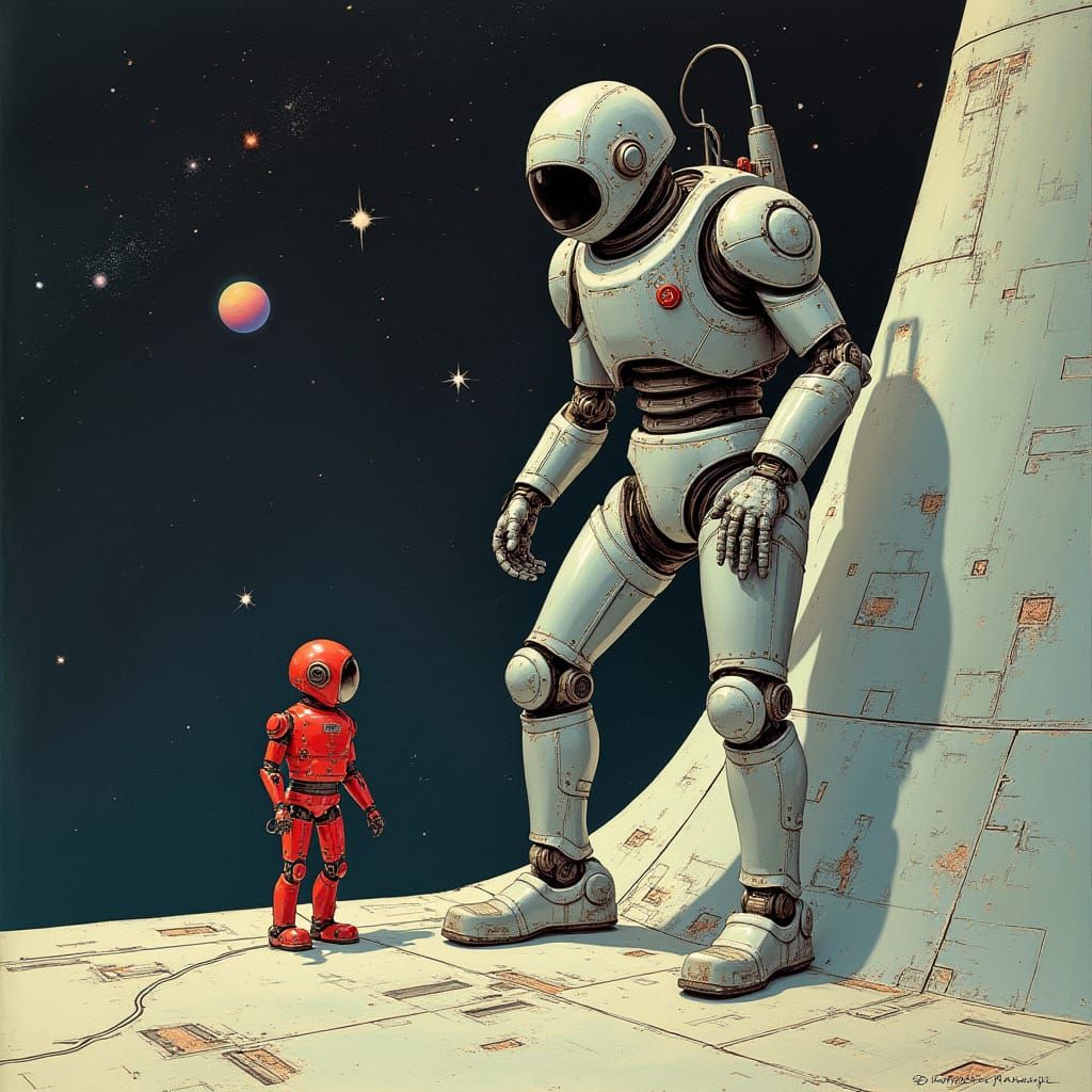 Robots Repairing Spaceship Hull in Cinematic Sci-Fi Style