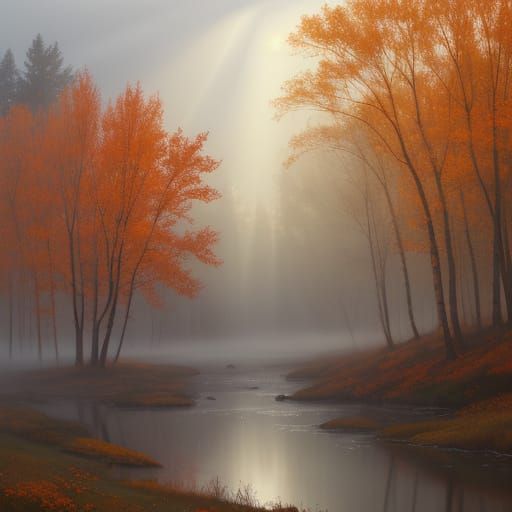 Ethereal Autumn Mist with Sunbeams and Birch Trees