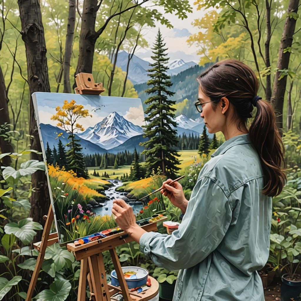 Artist Painting a Beautiful Nature Scene