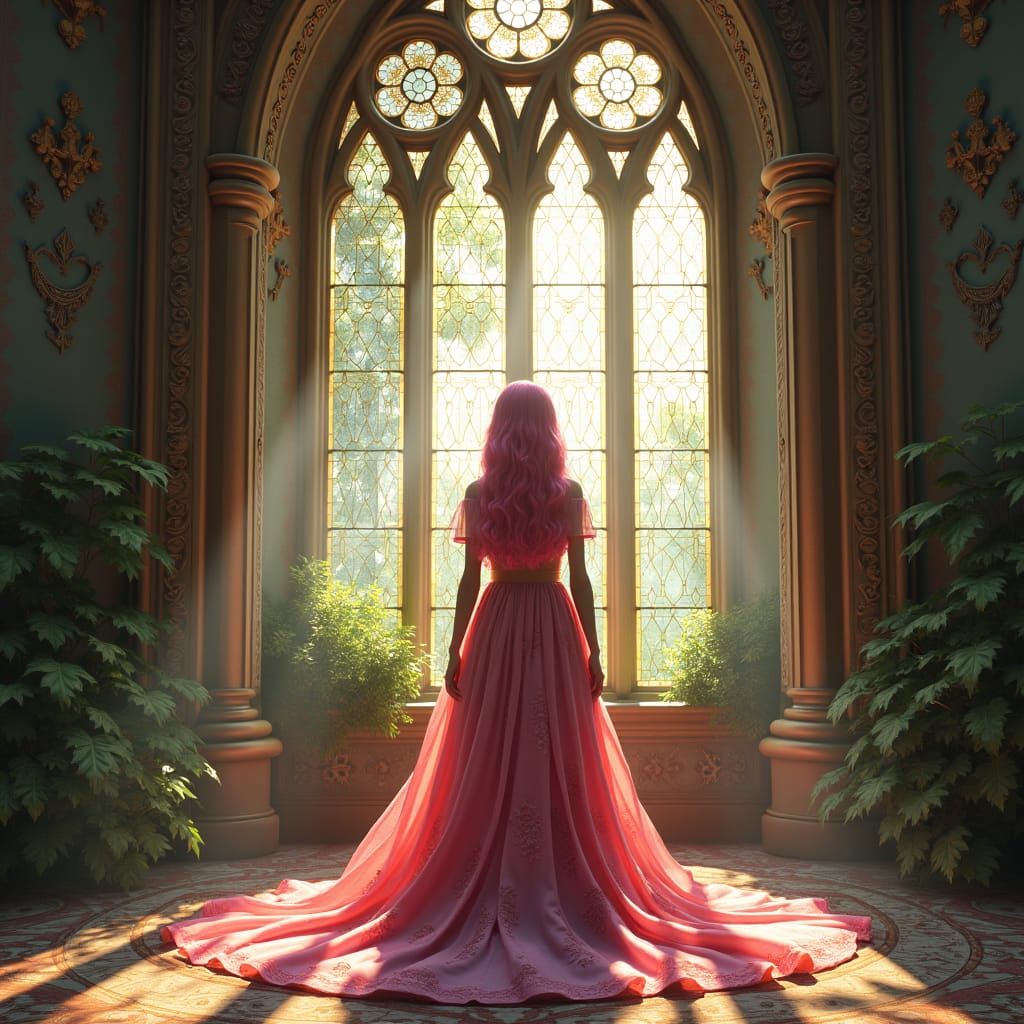 Girl in Castle Gazing Through Window