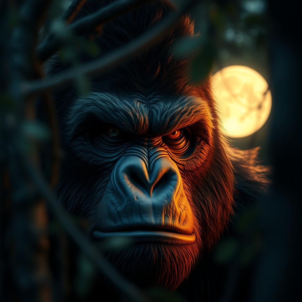 Photorealistic Bigfoot Face in Shadows, Eerie Stare