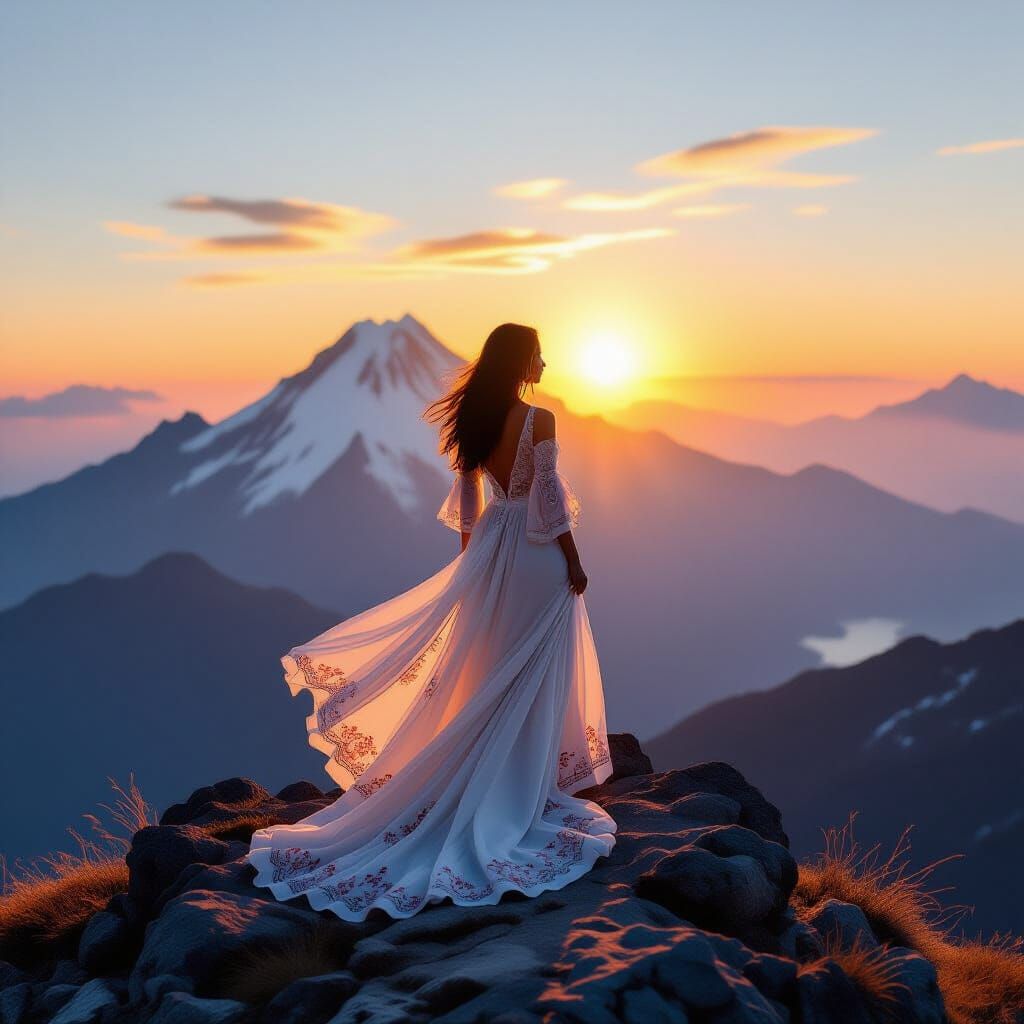 Filipina Woman on Mountain Peak at Dawn, Landscape Painting ...
