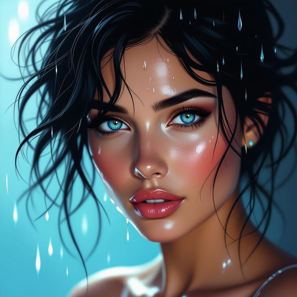 Woman's Face with Blue Eyes, Hyperrealistic Style