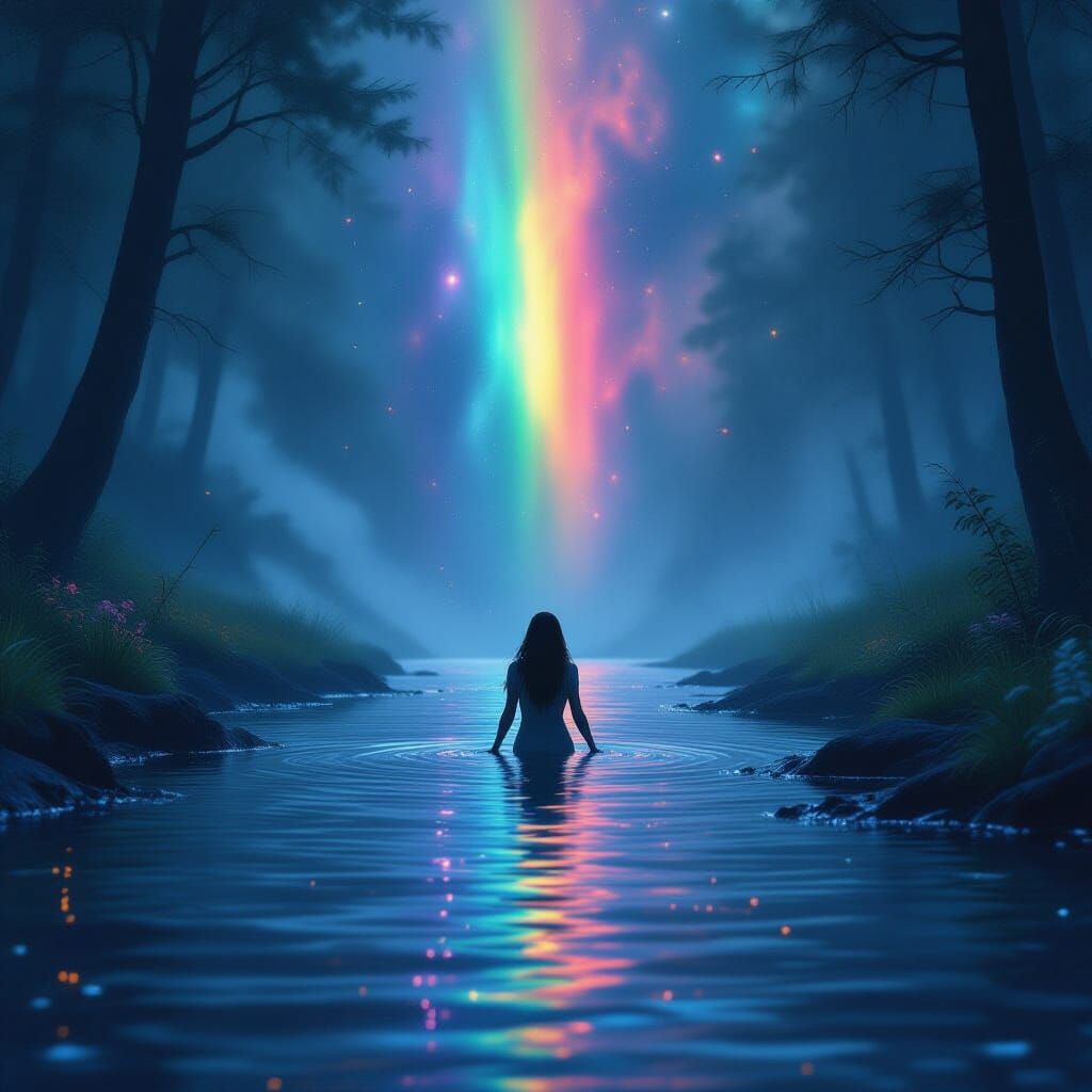 Ethereal Woman Wading in Rainbow River, Dark Fantasy Art