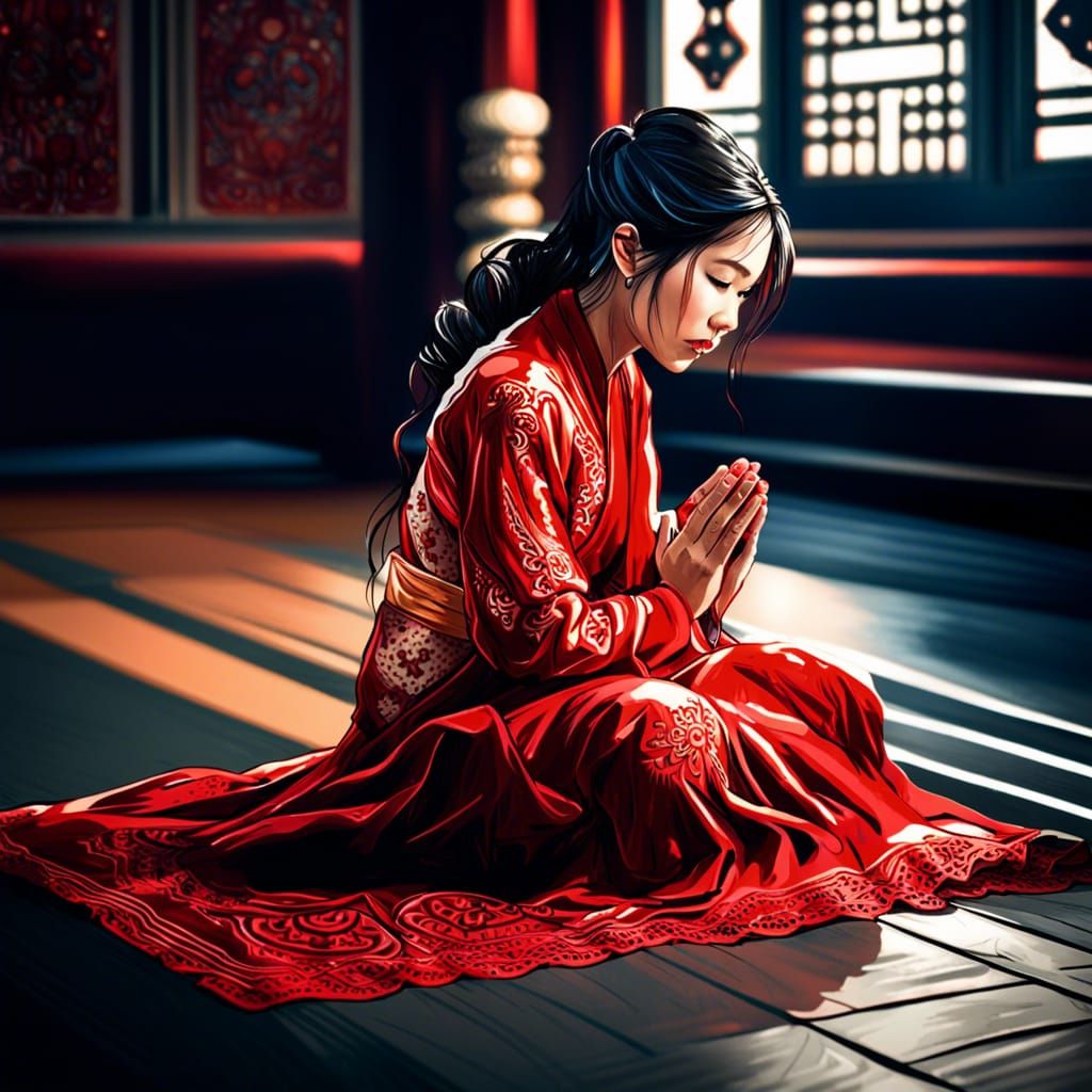 Asian Girl in Red Dress Praying: Detailed Portrait