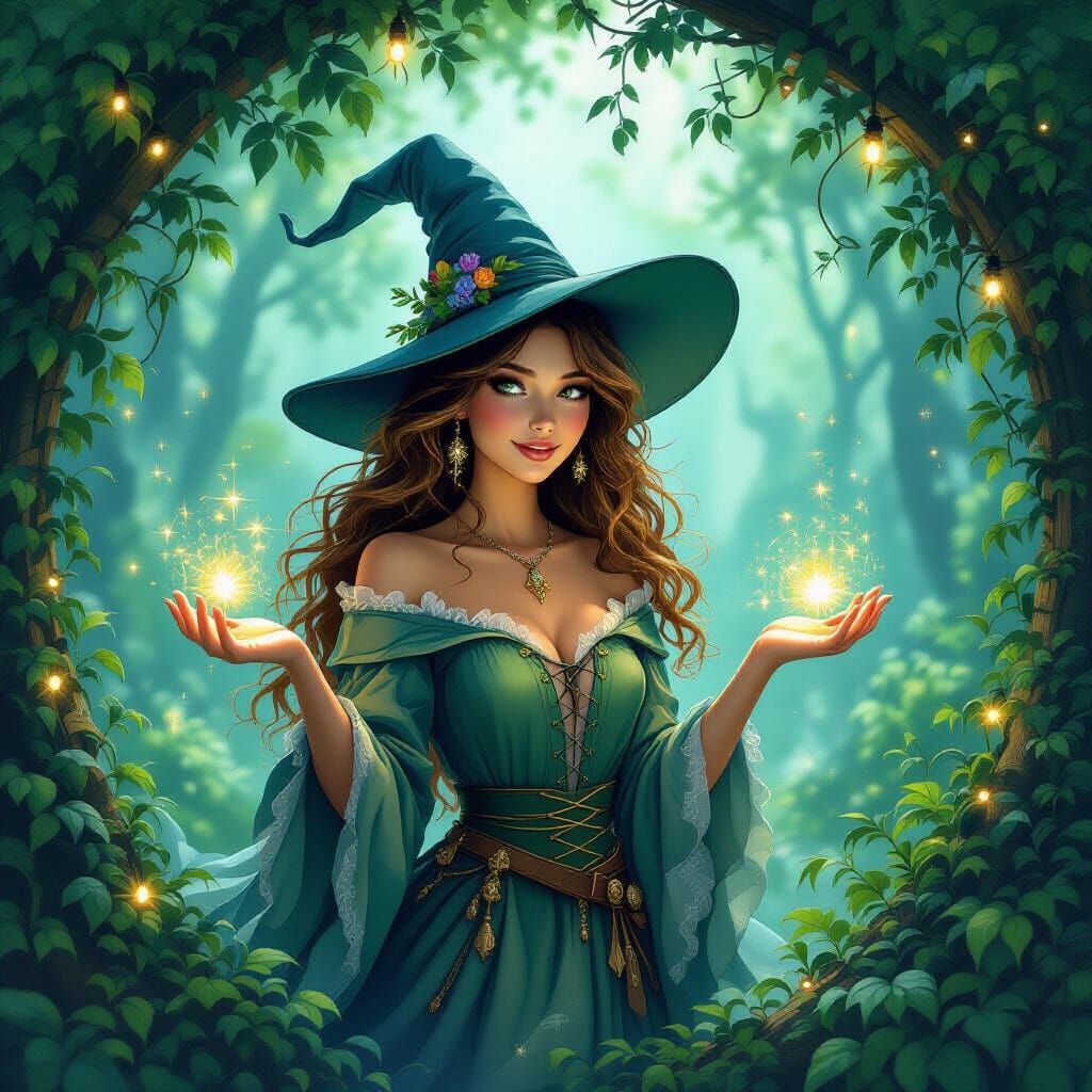 Whimsical Sorceress in Mystical Forest: Digital Illustration