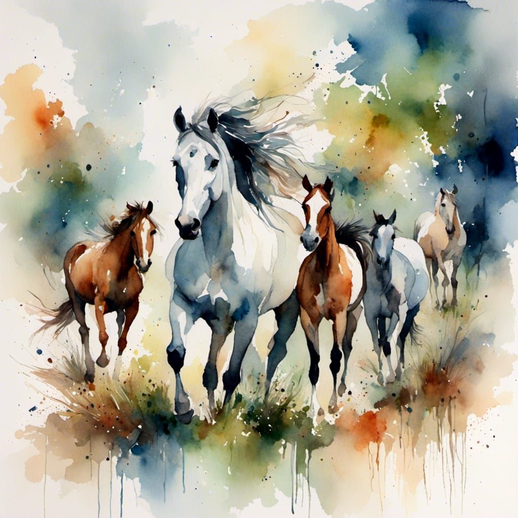 Watercolor Barn with Clydesdales, Donkeys and Goats