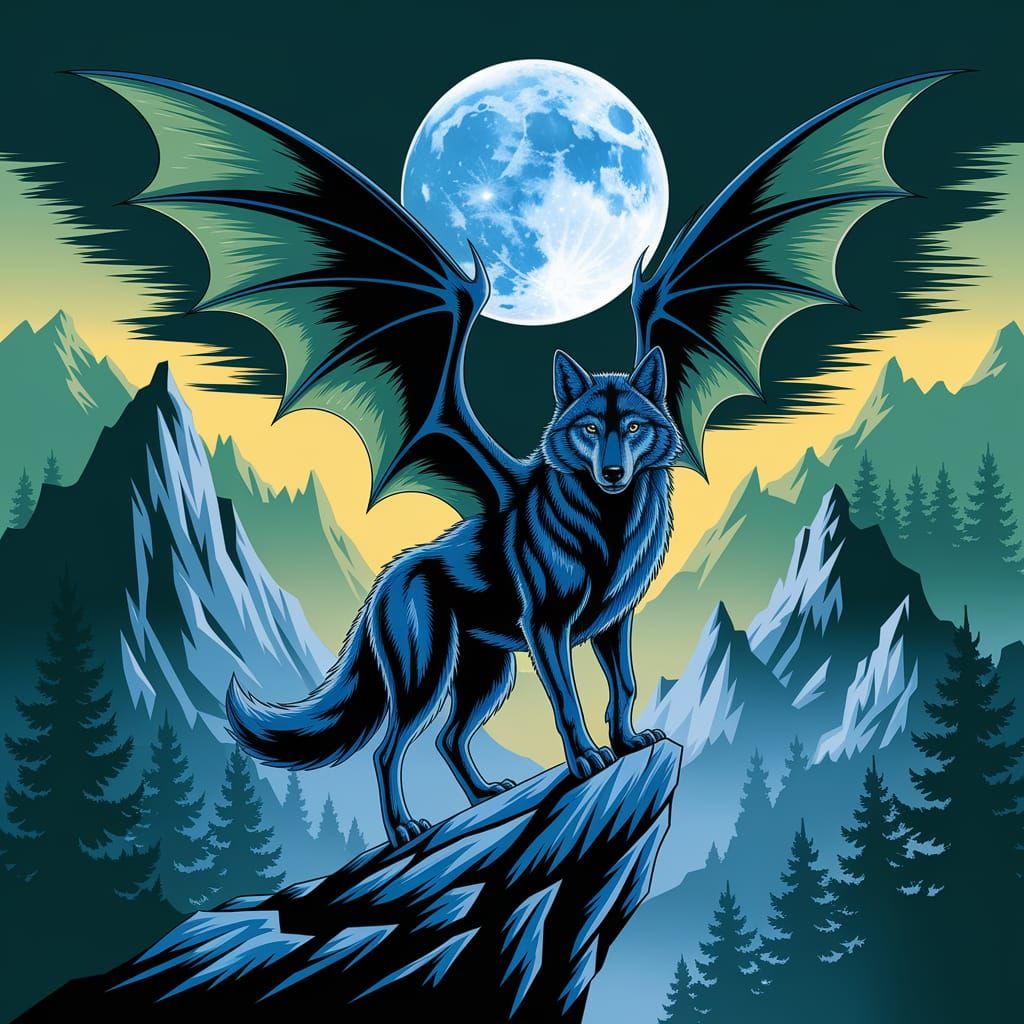 Winged Wolf on Mountain Peak Under Moonlight