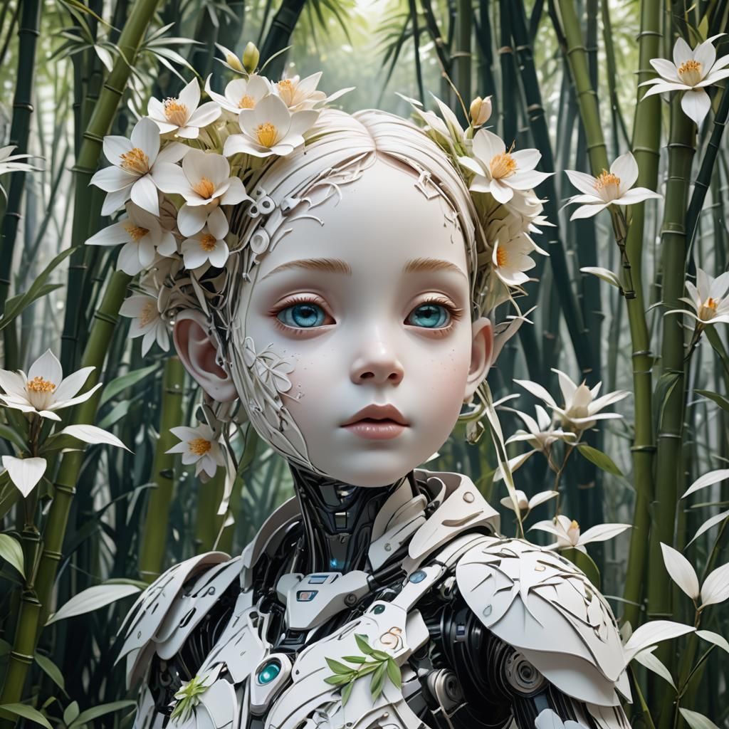 Cute Robot Baby in Bamboo Forest, Hyperdetailed 3D Render