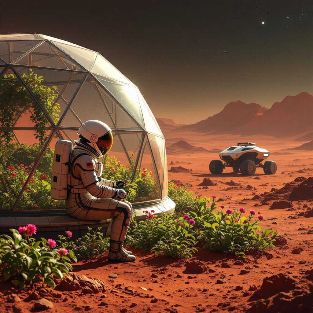 Astronaut Tends Martian Garden in Biodome