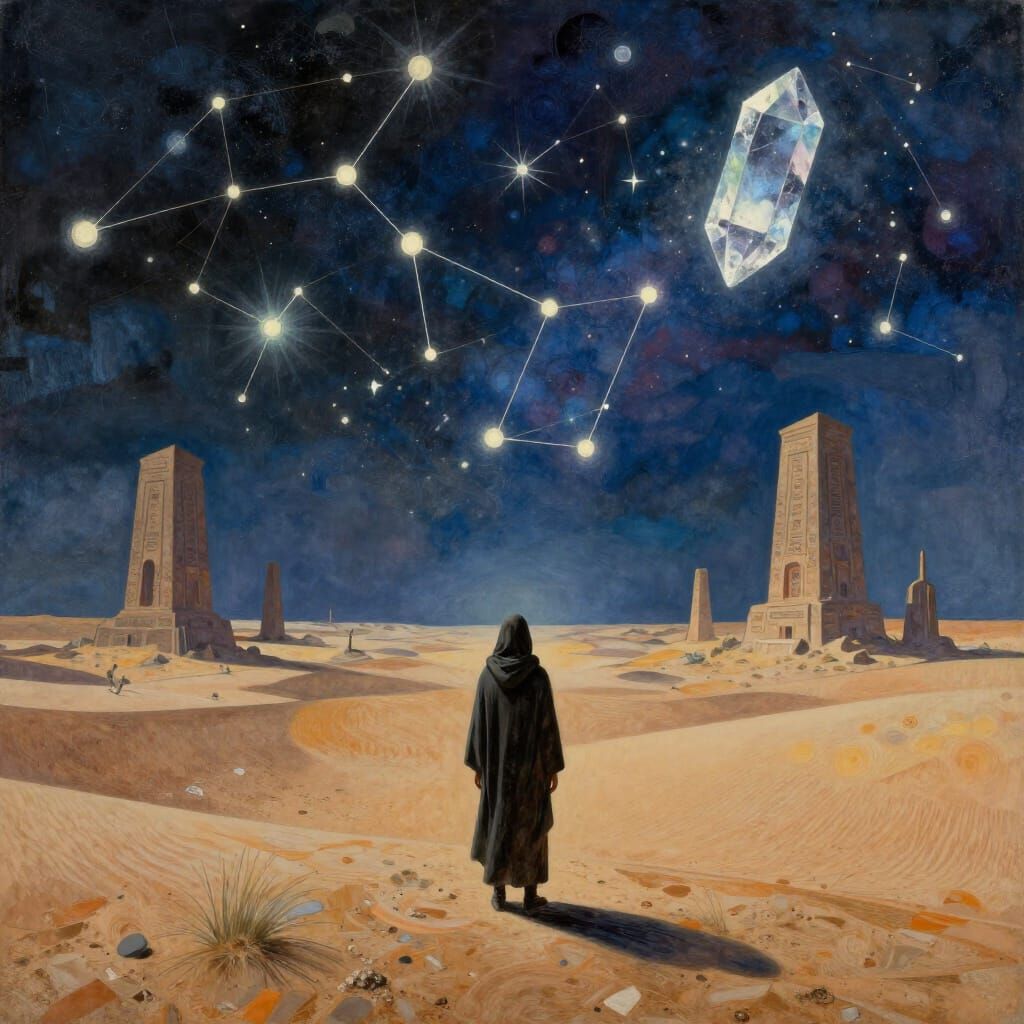 Cloaked Figure Gazes at Crystalline Constellations in Surrea...