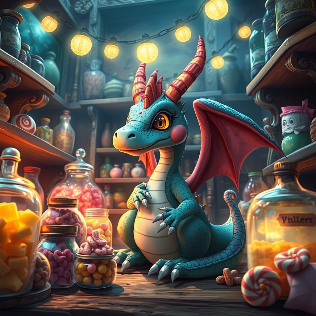 Whimsical Candy Dragon in a Colorful Apothecary