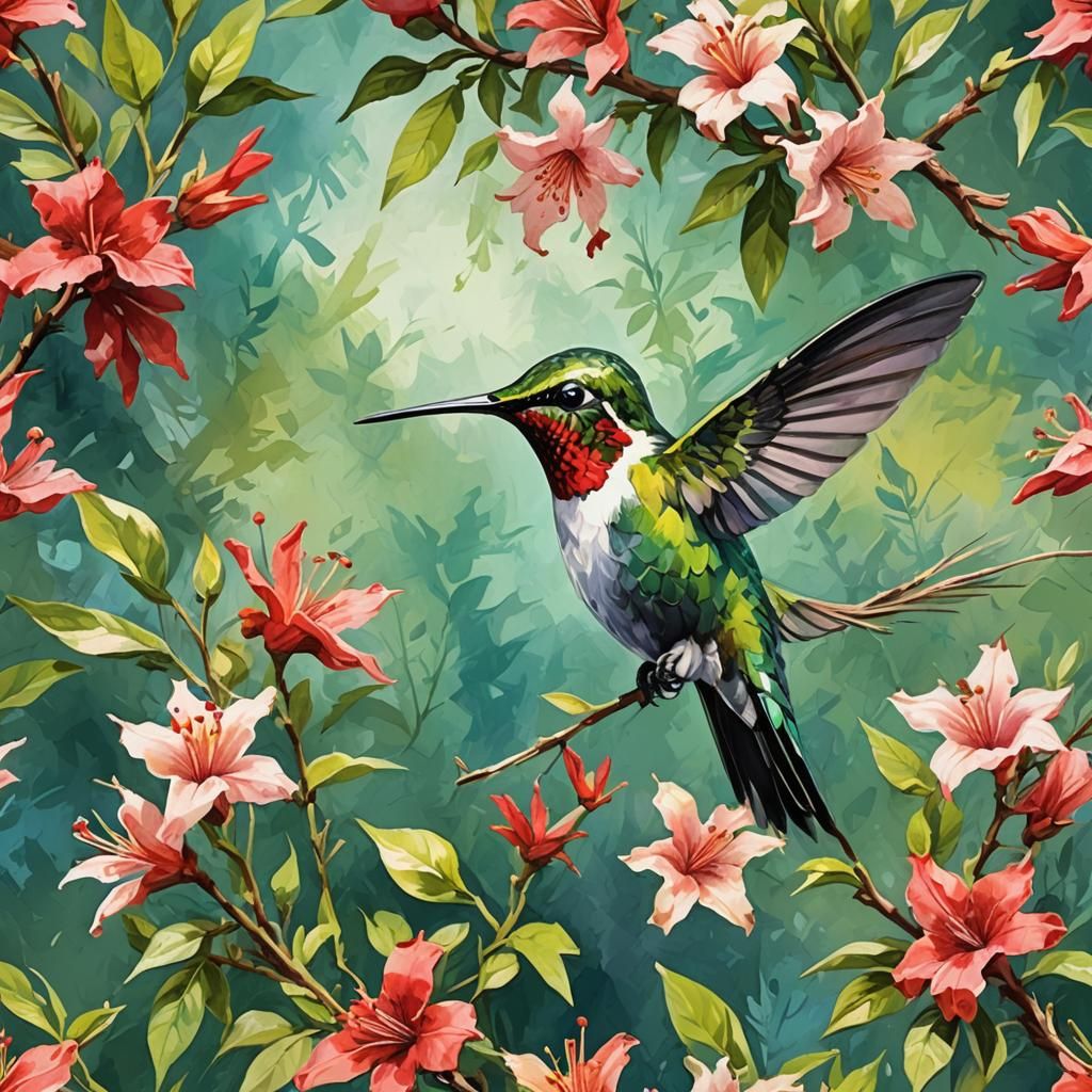 Hummingbird in Gouache Style Impressionist Painting