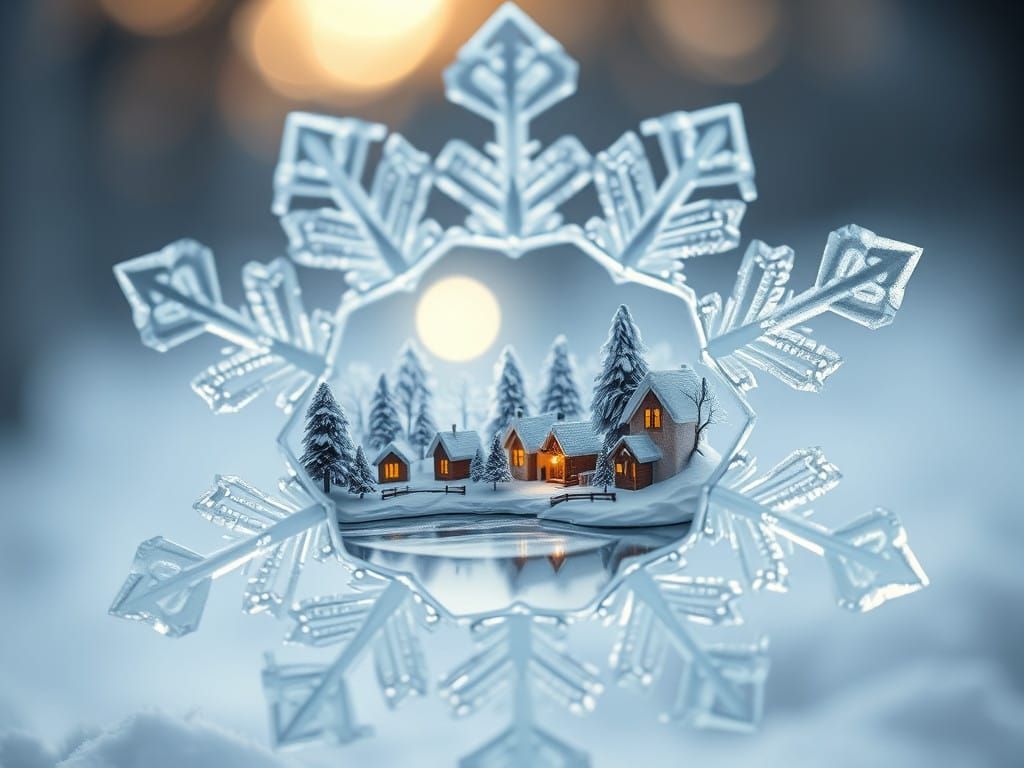 A delicate scene crafted within the intricate shape of a snowflake. Tiny houses with glowing windows sit among snow-cove...