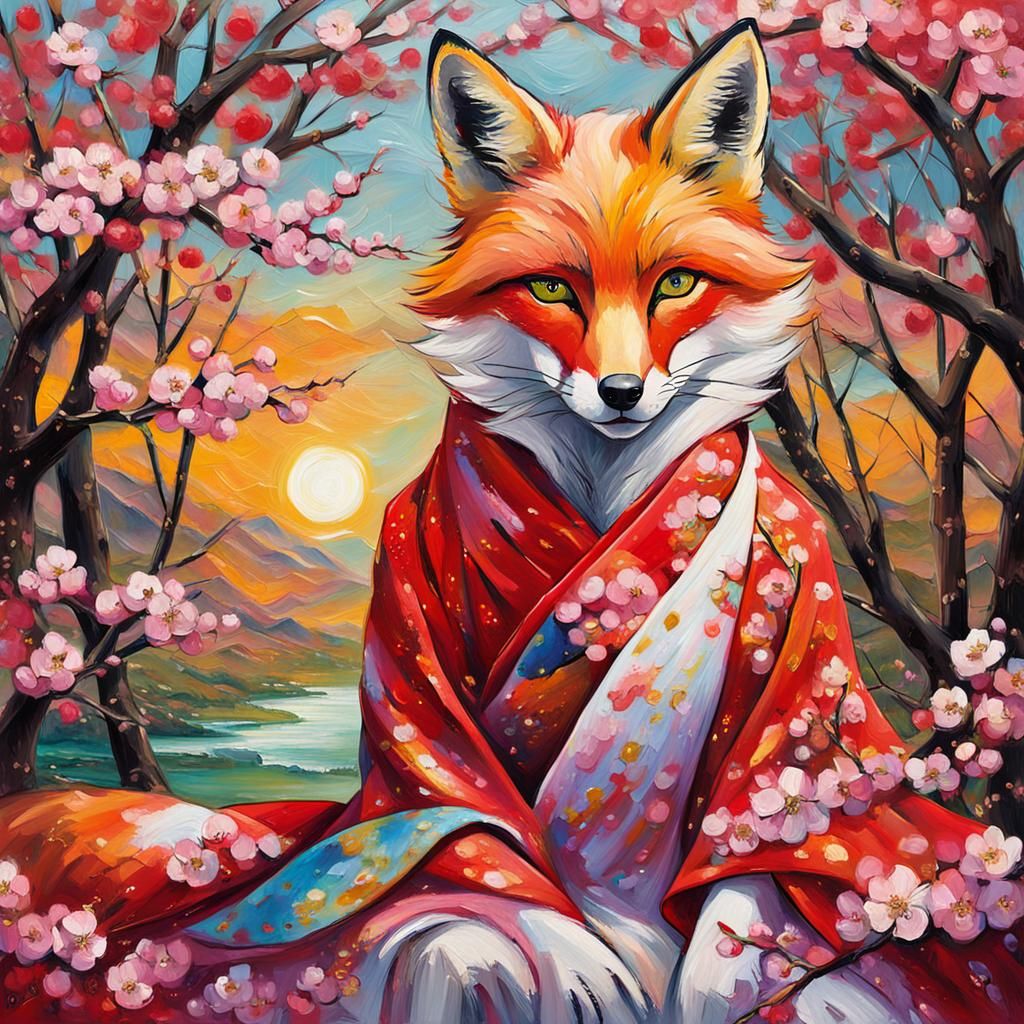 Fox Spirit in Kimono: Expressionist Oil Painting