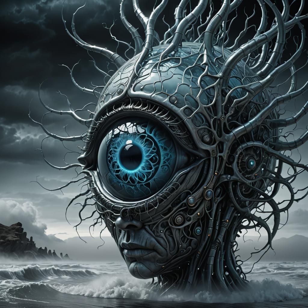 Surreal Glass Eye Brain in Swirling Fog, 3D Render