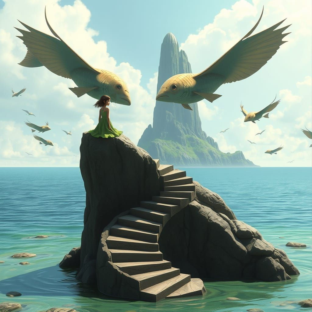 Girl on Rock Tower Watching Flying Fish