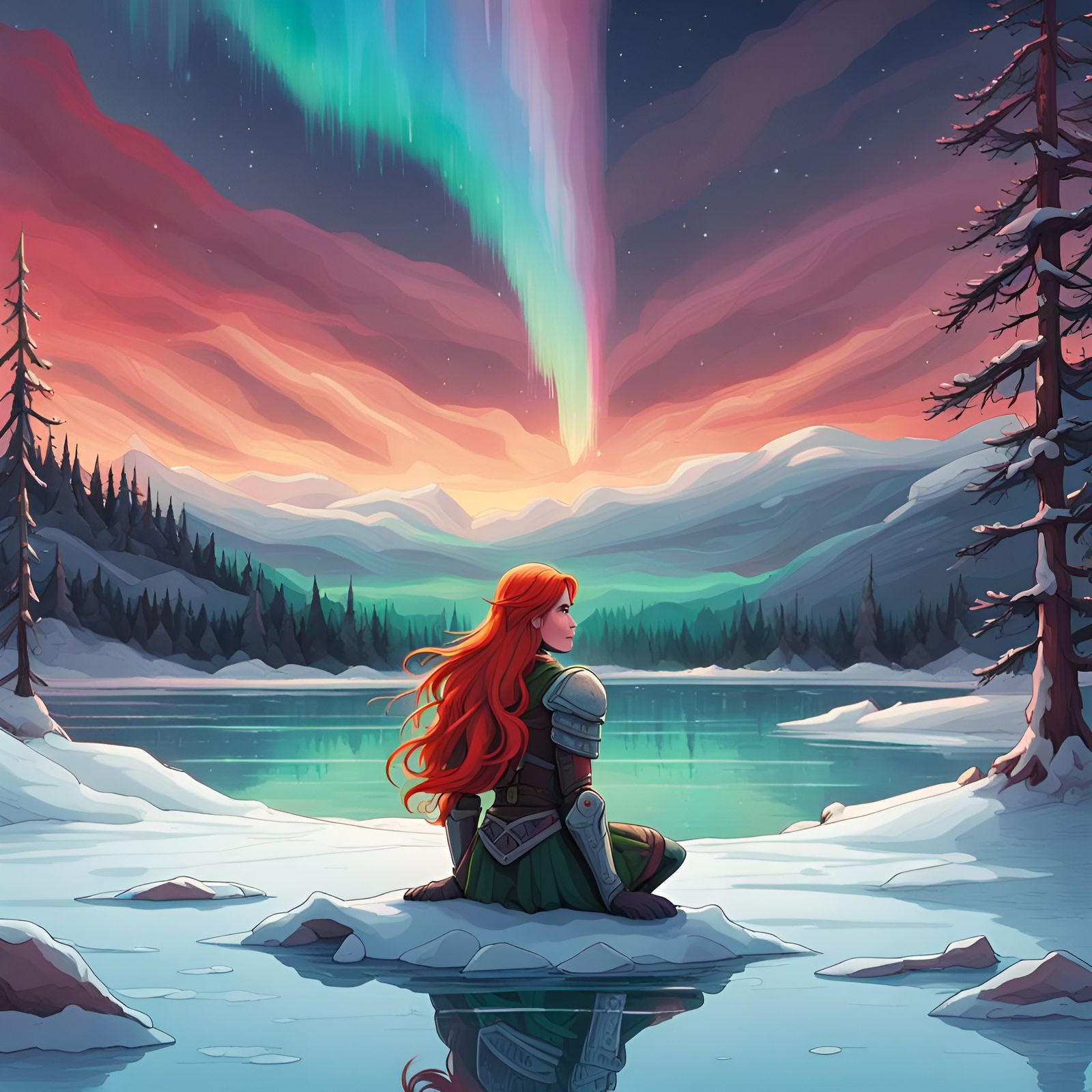 Armored Girl Gazing at Northern Lights