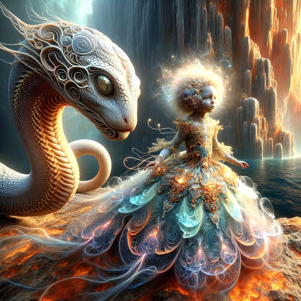 Alien Mermaid and Snake in Surreal Underwater Scene