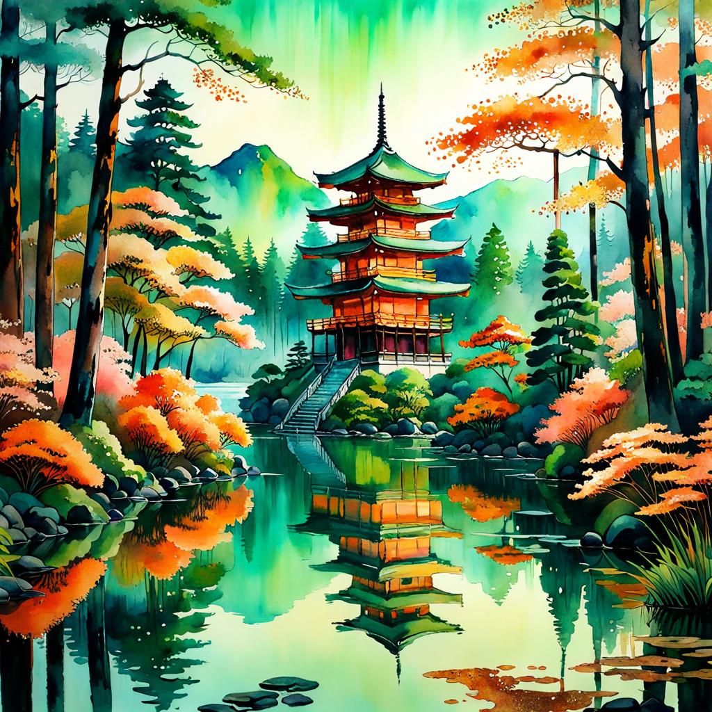 Watercolor Shinto Temple on Lake Shore