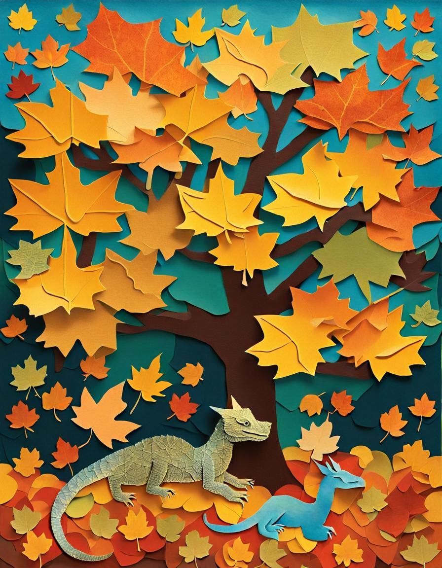 Paper Collage: Golden Maple Tree with Dragon