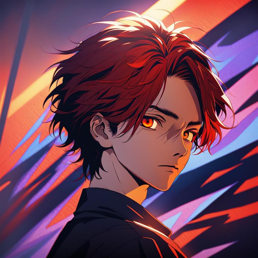 Anime Boy with Red Eyes and Hair Illustration