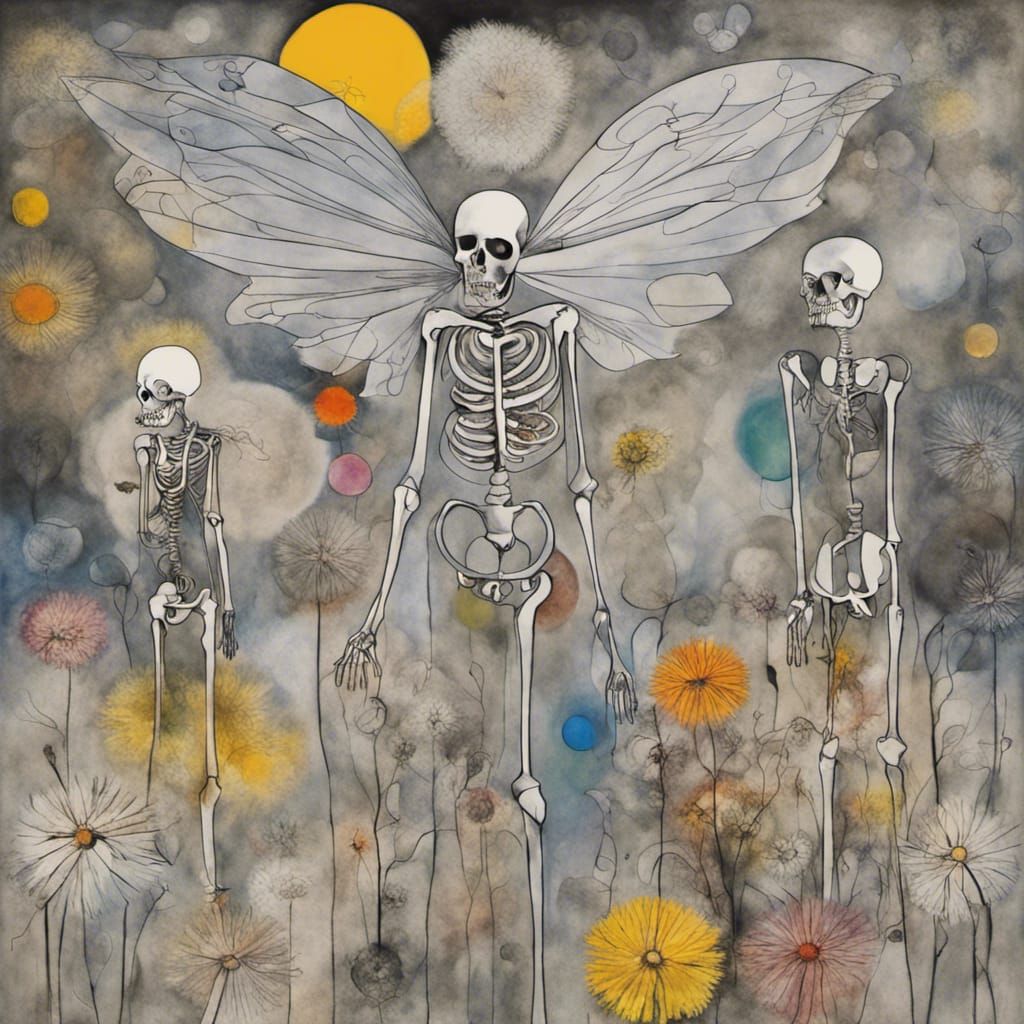 Winged Skull Fairy Family in Dreamscape, Surreal Style