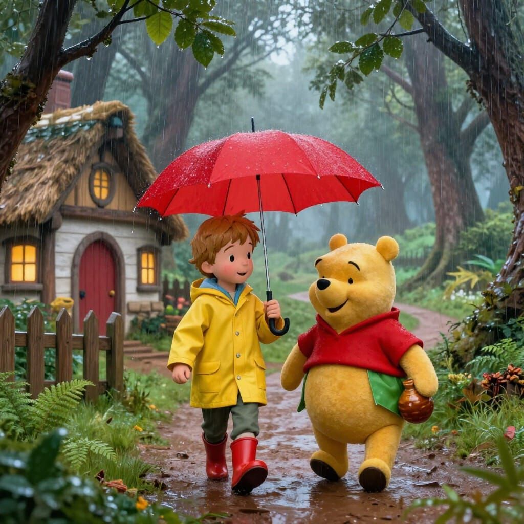 Winnie The Pooh and Christopher Robin Walk in Rainy Hundred ...