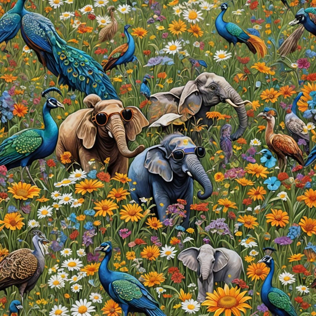 Graffiti Hippy Animals in Daisy Field: Exotic Marketplace