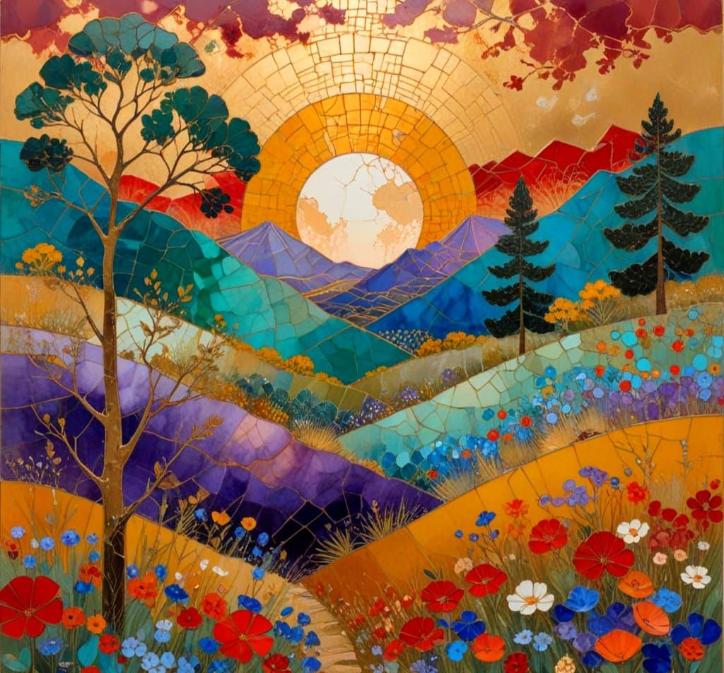 Surreal Mountainscape in Vibrant Kintsugi-Inspired Style