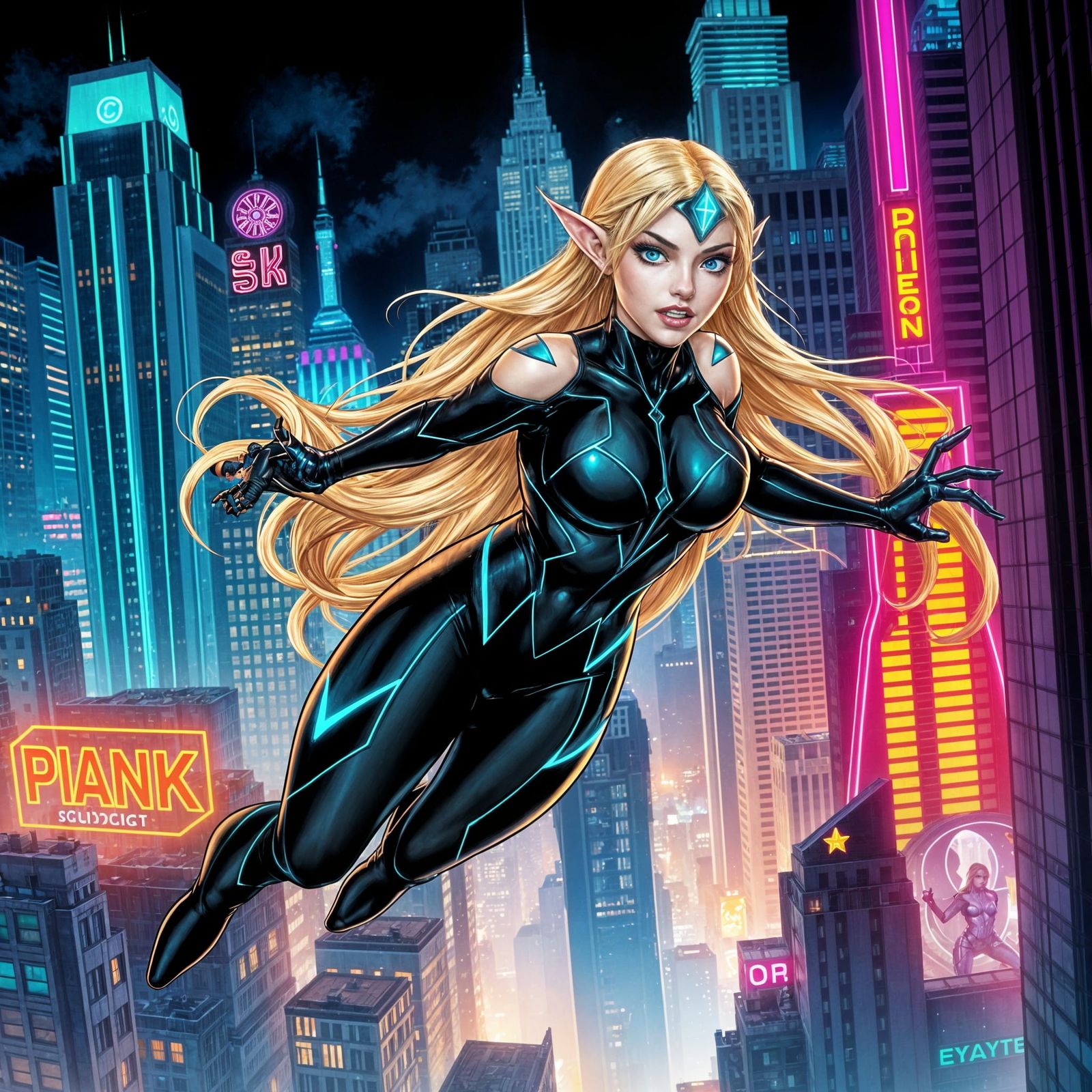 Elf Superhero Soaring Through Cyberpunk Cityscape