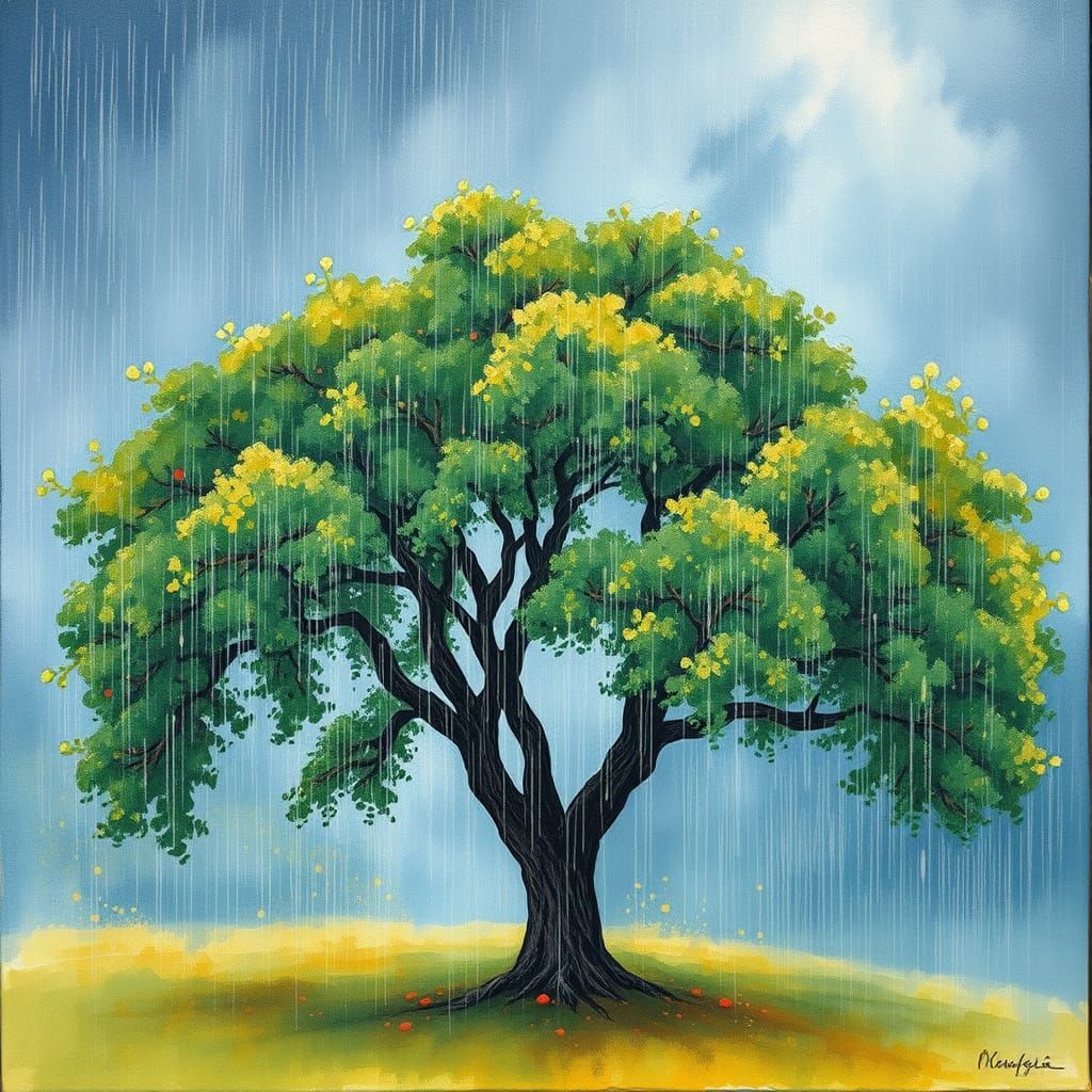 Epic Impressionist Masterpiece: Rainy Tree Scene in Gouache