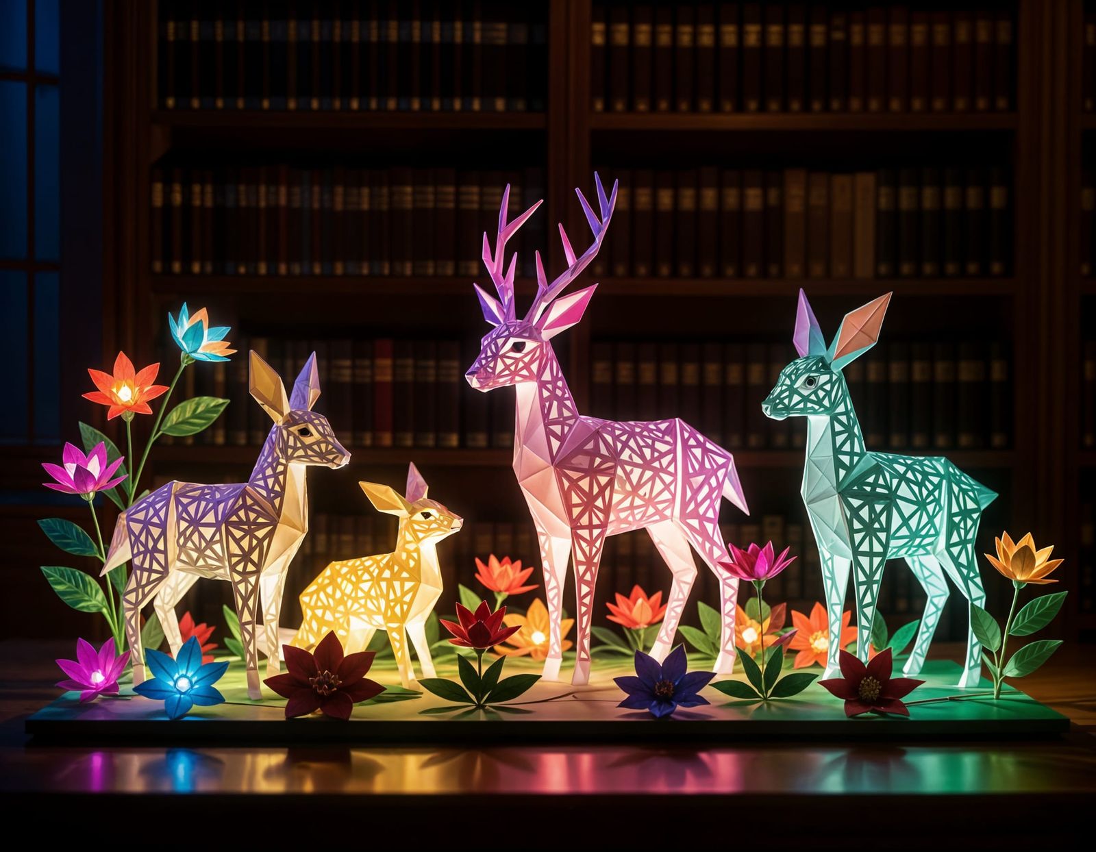 Origami Animals & Flowers with Lights on Desk
