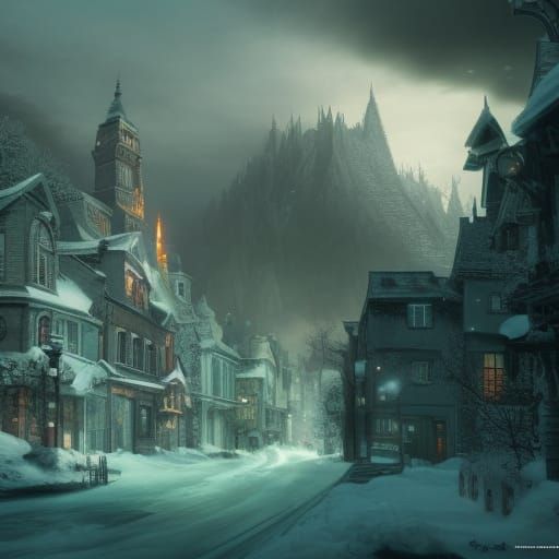Snowy Ghost Town: Detailed Fantasy Concept Art