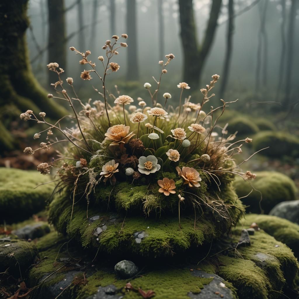 Ethereal Still Life: Dried Flowers in Foggy Forest