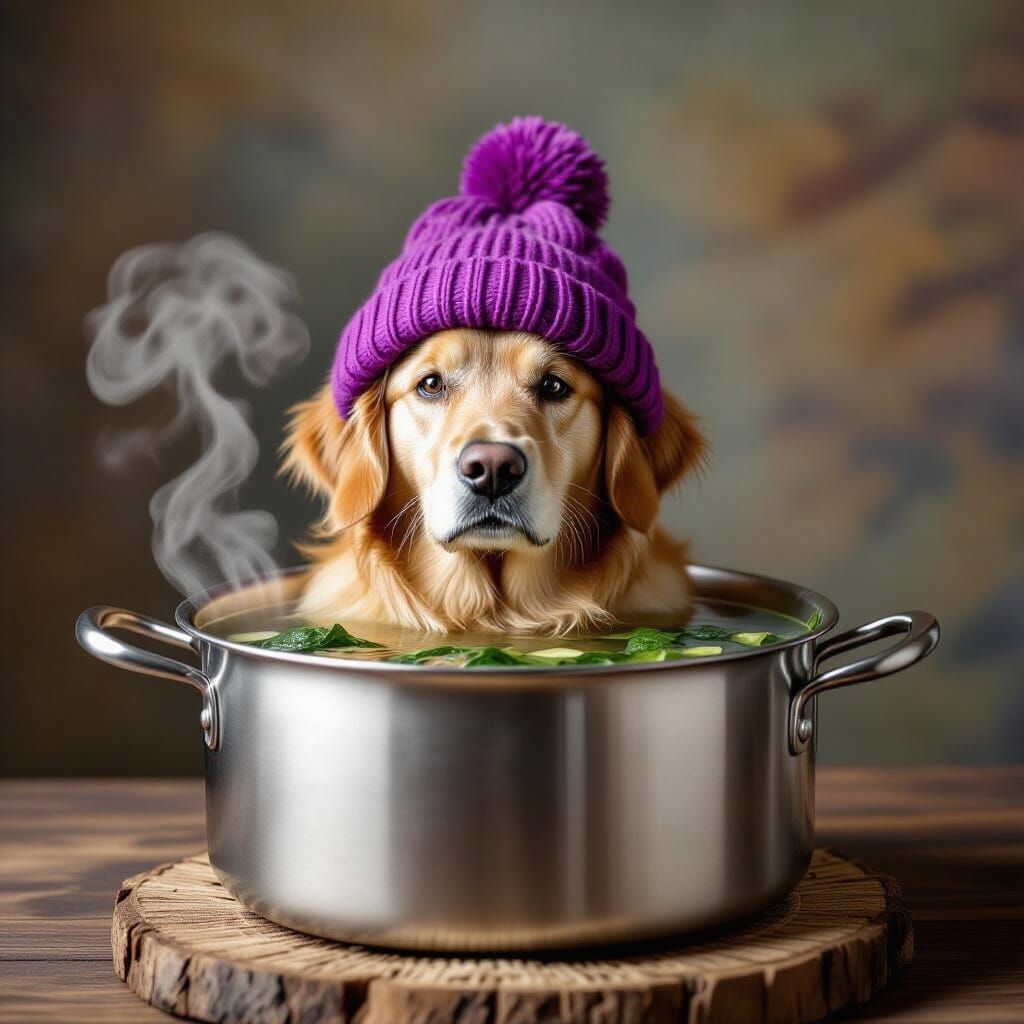 Lion in Purple Beanie Dives Headfirst into Spinach Soup