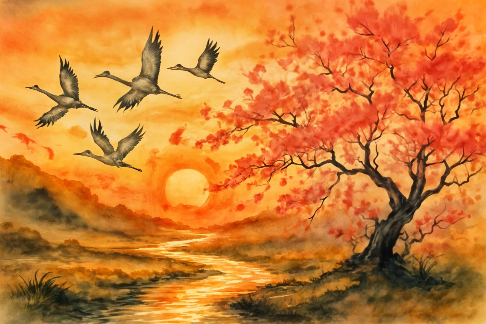 Cranes Fly Through Mystical Landscape at Sunrise Sunset