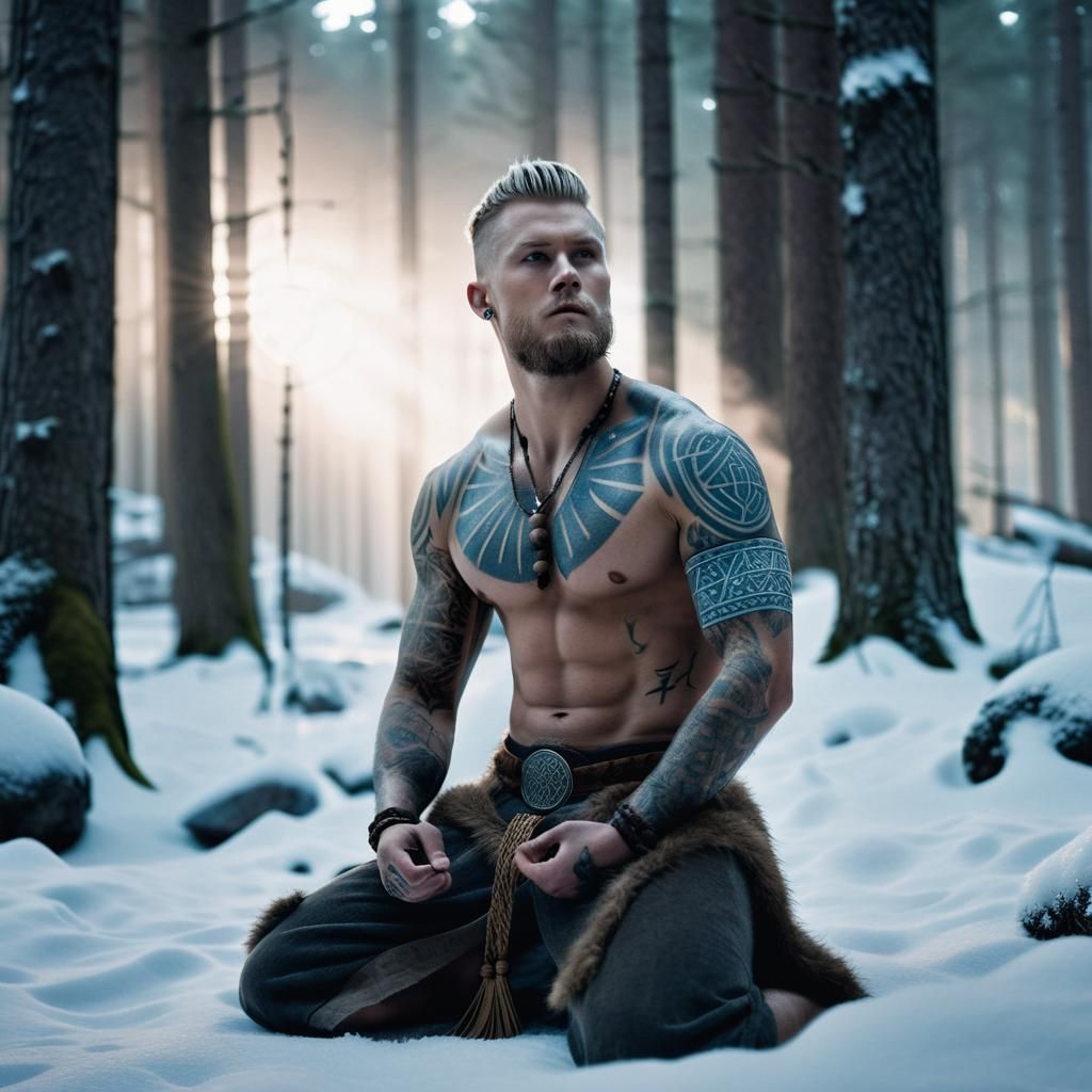 Mystical Viking Meditation in Snowy Forest