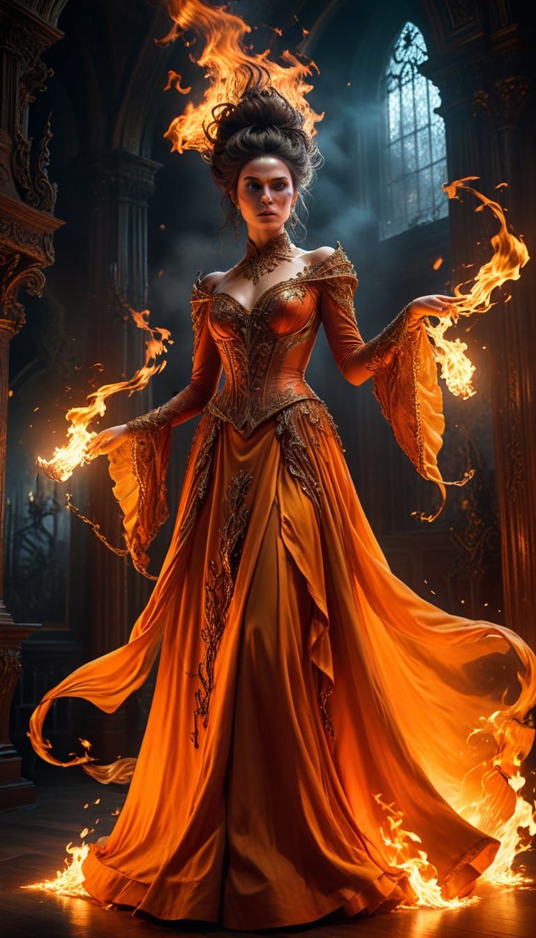 Fire Maiden in Dark Fantasy Castle Ballroom