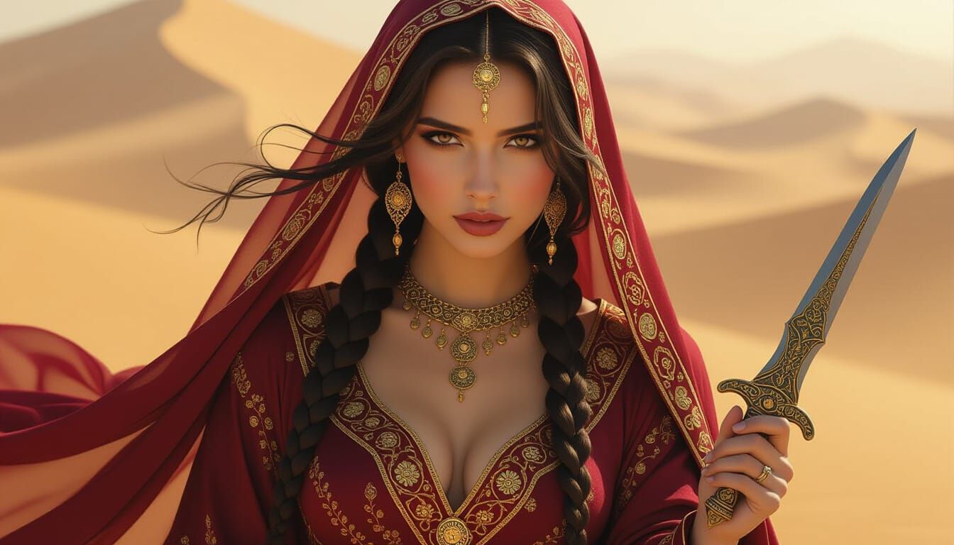 Silk Road Enchantress with Dagger in Luminous Desert Style