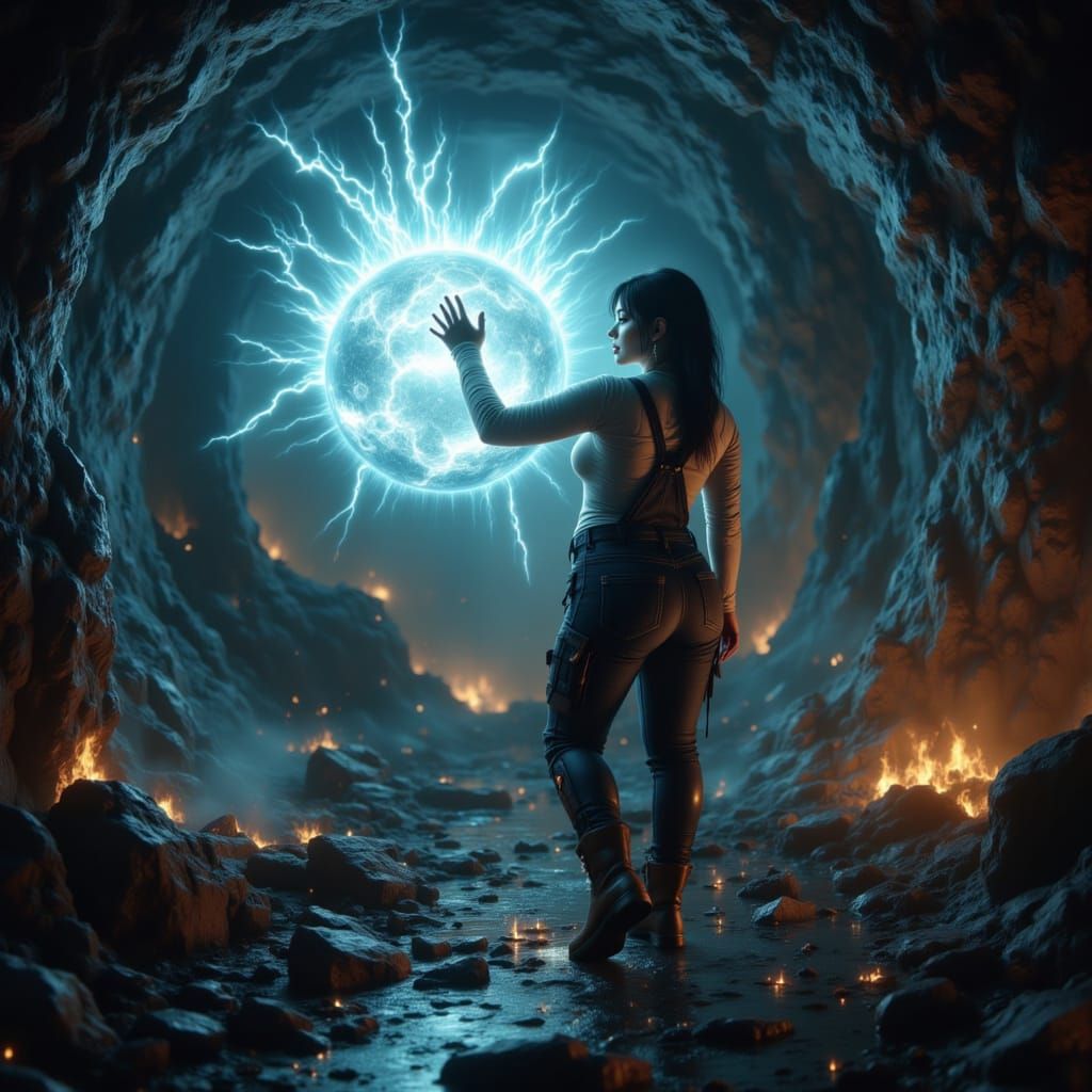 Chubby Woman Discovering Glowing Boulder in Cave