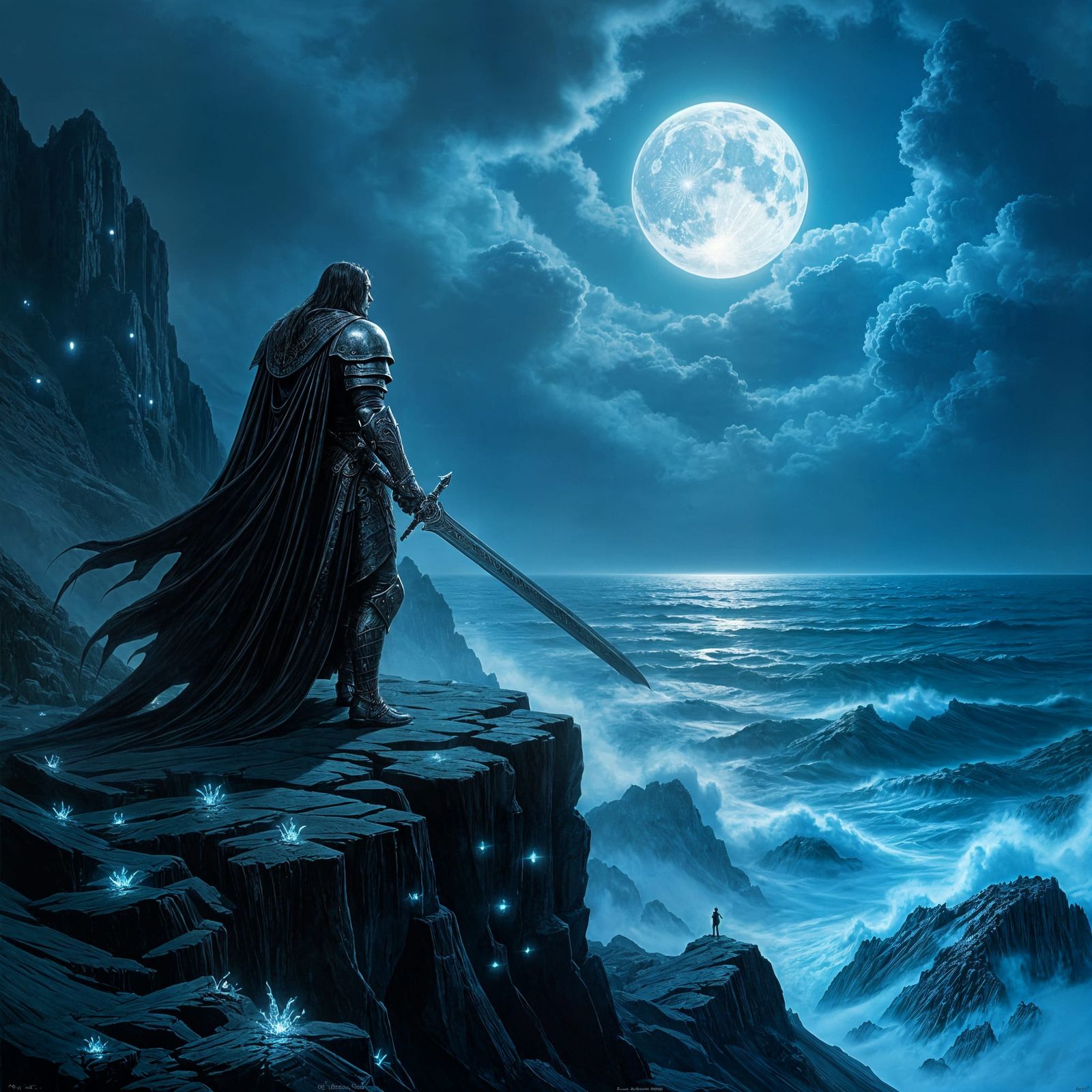 Lone Knight on Cliff Overlooking Stormy Sea