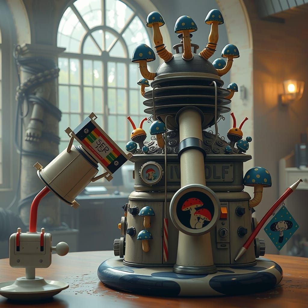 Colorful Brutalist Gum Bungalow with Mushroom Flags