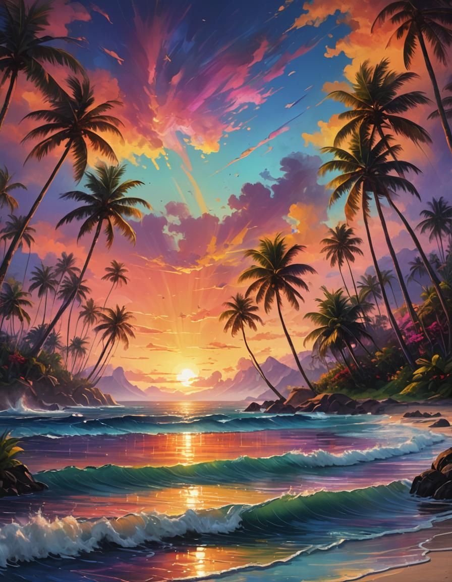 Rainbow Sunset Oil Painting in Impressionism Style